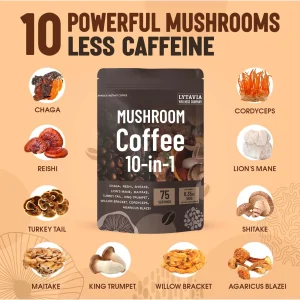 Mushroom Coffee With 10 Adaptogenic Mushrooms And MCT Oil, USA Grown Instant Coffee, With Turkey Tail, Shiitake, Lion'S Mane